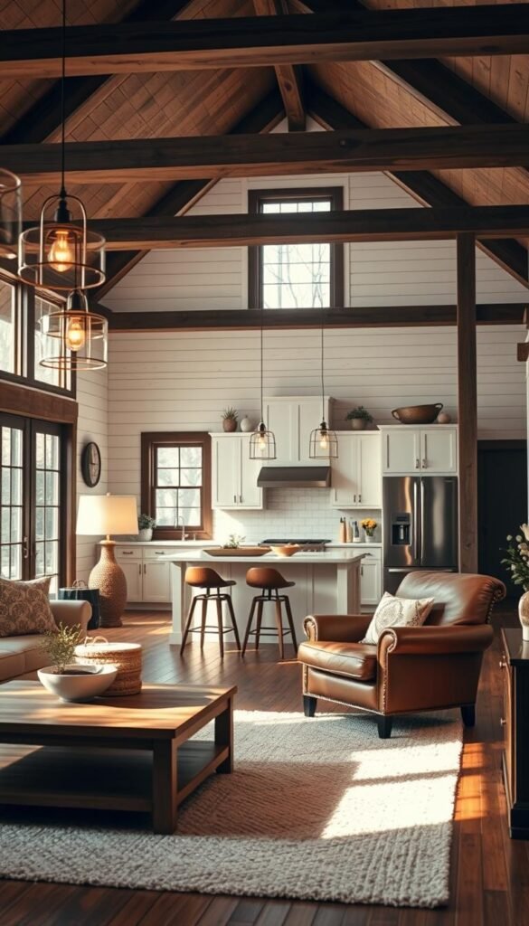 A cozy, inviting modern farmhouse interior with rustic wood beams, shiplap walls, and a mix of contemporary and vintage furnishings. Warm lighting from pendant lamps and large windows illuminates the space, casting a soft glow. A plush area rug, comfy leather armchair, and wooden coffee table create a comfortable living area. In the background, a farmhouse-style kitchen with white cabinets, subway tile backsplash, and stainless steel appliances. The overall mood is one of relaxed, comfortable elegance. A cozy, inviting modern farmhouse interior with rustic wood beams, shiplap walls, and a mix of contemporary and vintage furnishings. Warm lighting from pendant lamps and large windows illuminates the space, casting a soft glow. A plush area rug, comfy leather armchair, and wooden coffee table create a comfortable living area. In the background, a farmhouse-style kitchen with white cabinets, subway tile backsplash, and stainless steel appliances. The overall mood is one of relaxed, comfortable elegance.