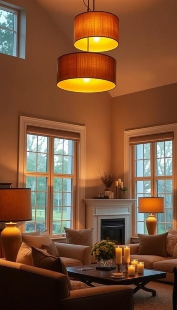 A cozy living room bathed in warm, layered lighting. Soft ambient light fills the space, emanating from a statement pendant fixture overhead, its golden glow reflecting off the textured walls. Table lamps with linen shades cast a gentle, diffused illumination, while candlelight flickers on the mantelpiece, adding a touch of cosiness. The large windows allow natural light to stream in, blending seamlessly with the artificial sources. The overall atmosphere is inviting, serene, and perfect for a relaxing evening at home. A cozy living room bathed in warm, layered lighting. Soft ambient light fills the space, emanating from a statement pendant fixture overhead, its golden glow reflecting off the textured walls. Table lamps with linen shades cast a gentle, diffused illumination, while candlelight flickers on the mantelpiece, adding a touch of cosiness. The large windows allow natural light to stream in, blending seamlessly with the artificial sources. The overall atmosphere is inviting, serene, and perfect for a relaxing evening at home.