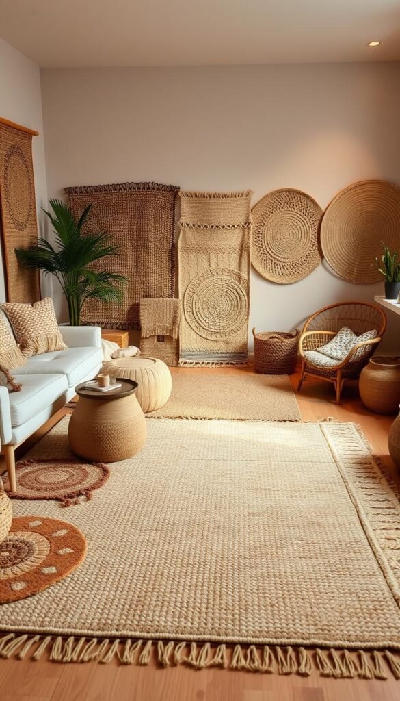 A cozy living room filled with natural boho-inspired rugs, featuring intricately woven patterns in earthy tones. Soft, ambient lighting casts a warm glow, highlighting the texture and warmth of the fiber rugs. In the foreground, a large area rug with a geometric design in neutral hues anchors the space, while smaller accent rugs in complementary patterns and colors are scattered throughout the room. The middle ground showcases additional natural fiber rugs, such as jute, sisal, or seagrass, adding depth and visual interest. The background features a neutral-toned wall, allowing the rugs to take center stage and create a serene, bohemian atmosphere.