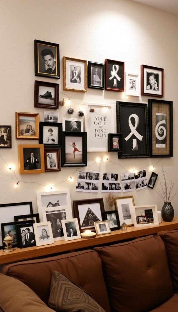 A cozy living room wall displays an eclectic arrangement of framed photos, polaroids, and mementos, creating a warm, personal atmosphere. The foreground features a wooden picture ledge holding an assortment of frames in varying sizes and styles, arranged in a balanced, visually-appealing manner. The middle ground showcases an array of polaroid photos, string lights, and small decorative items like dried flowers and trinkets, adding depth and texture. The background is a neutral-toned, textured wall, allowing the personal memories to take center stage. The lighting is soft and diffused, highlighting the textures and creating a inviting, intimate ambiance. A cozy living room wall displays an eclectic arrangement of framed photos, polaroids, and mementos, creating a warm, personal atmosphere. The foreground features a wooden picture ledge holding an assortment of frames in varying sizes and styles, arranged in a balanced, visually-appealing manner. The middle ground showcases an array of polaroid photos, string lights, and small decorative items like dried flowers and trinkets, adding depth and texture. The background is a neutral-toned, textured wall, allowing the personal memories to take center stage. The lighting is soft and diffused, highlighting the textures and creating a inviting, intimate ambiance.