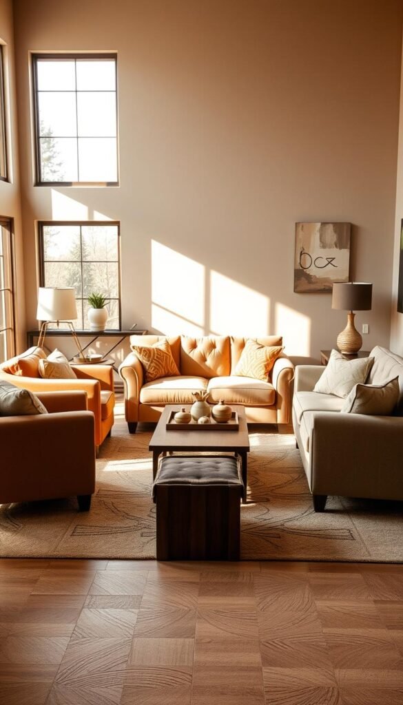 A cozy living room with a conversation zone furniture layout. In the foreground, plush armchairs and a loveseat are arranged in a semicircle, facing each other, creating an intimate and inviting setting. The middle ground features a low, wooden coffee table, topped with a tray of decorative accents. Warm, soft lighting filters in through large windows, casting a gentle glow over the scene. The background showcases a neutral-toned wall, with a few pieces of abstract wall art adding visual interest. The overall atmosphere is relaxed, comfortable, and conducive to easy conversation and social interaction. A cozy living room with a conversation zone furniture layout. In the foreground, plush armchairs and a loveseat are arranged in a semicircle, facing each other, creating an intimate and inviting setting. The middle ground features a low, wooden coffee table, topped with a tray of decorative accents. Warm, soft lighting filters in through large windows, casting a gentle glow over the scene. The background showcases a neutral-toned wall, with a few pieces of abstract wall art adding visual interest. The overall atmosphere is relaxed, comfortable, and conducive to easy conversation and social interaction.