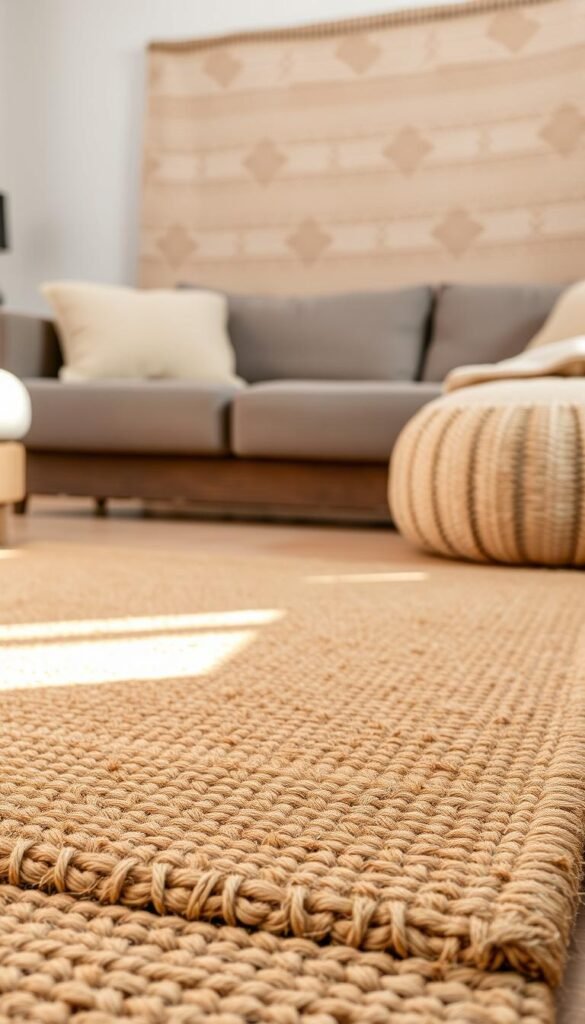 A cozy living room with a layered arrangement of natural fiber rugs in earthy tones. In the foreground, a plush jute rug with a minimal pattern, its textured surface catching the warm, diffused lighting. Behind it, a larger, woven rug in neutral shades of beige and brown, its intricate design creating visual depth. In the background, a sisal rug with a subtle herringbone pattern, adding warmth and grounding the space. The rugs are placed in a way that invites exploration, their layers and textures complementing the overall cozy, natural ambiance of the room. The lighting is soft and indirect, creating a serene, welcoming atmosphere. A cozy living room with a layered arrangement of natural fiber rugs in earthy tones. In the foreground, a plush jute rug with a minimal pattern, its textured surface catching the warm, diffused lighting. Behind it, a larger, woven rug in neutral shades of beige and brown, its intricate design creating visual depth. In the background, a sisal rug with a subtle herringbone pattern, adding warmth and grounding the space. The rugs are placed in a way that invites exploration, their layers and textures complementing the overall cozy, natural ambiance of the room. The lighting is soft and indirect, creating a serene, welcoming atmosphere.