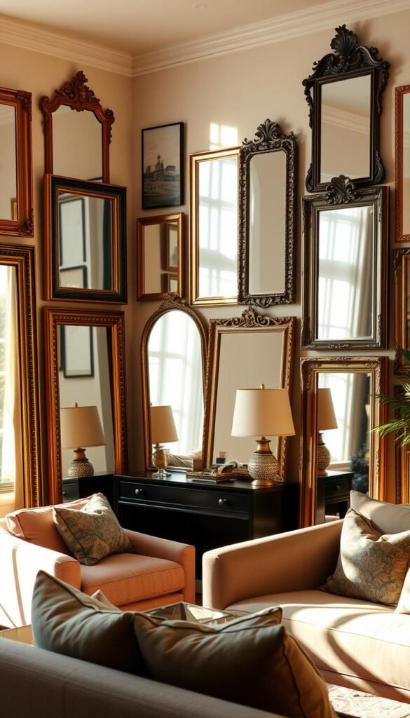 A cozy living room with an array of elegant, full-length mirrors adorning the walls. The mirrors are strategically placed to reflect natural light, creating a bright and spacious ambiance. The frames vary in style, from sleek and modern to ornate and vintage, complementing the room's decor. The mirrors are positioned at different heights, some mounted on the wall, others leaning against it, creating a visually interesting arrangement. Soft, warm lighting illuminates the space, enhancing the reflective surfaces and adding a touch of sophistication. The overall scene conveys a sense of style, balance, and a welcoming atmosphere.