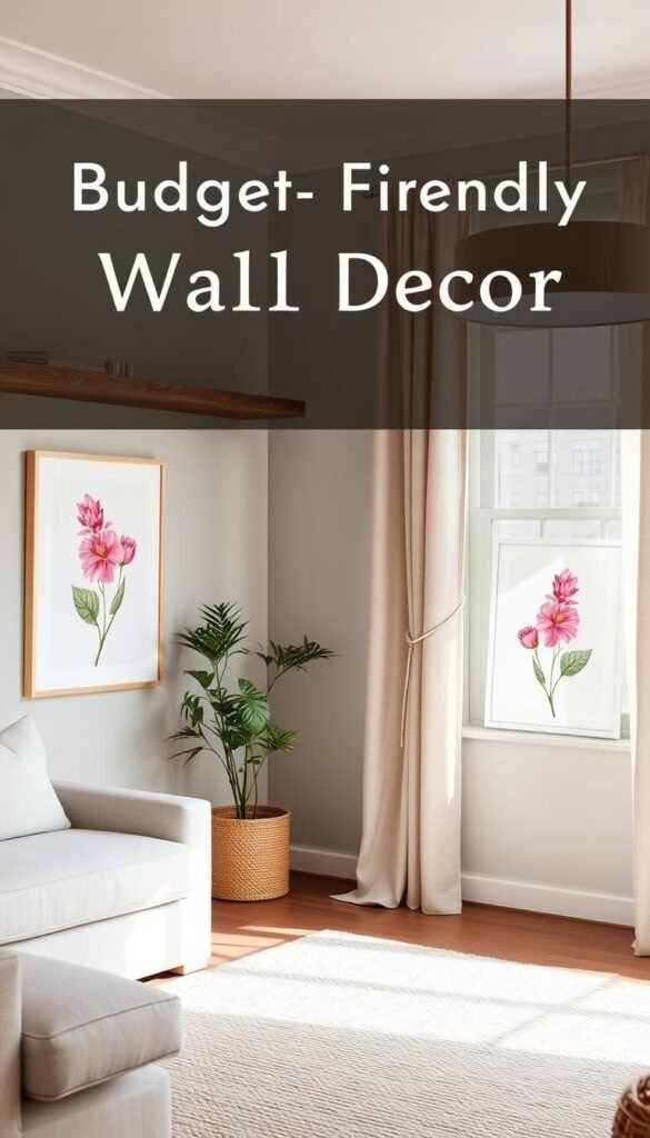 A cozy living room with budget-friendly wall decor. Soft pastel hues of sage and dusty rose create a calming ambiance. Natural wood accents, such as a rustic floating shelf and minimalist frames, add warmth. Textured linen curtains and a plush area rug ground the space. Vibrant yet understated botanical prints in simple white frames add a touch of nature. Diffused lighting from a sleek pendant casts a gentle glow, highlighting the textural elements. The overall aesthetic is inviting, harmonious, and elevated on a modest budget.