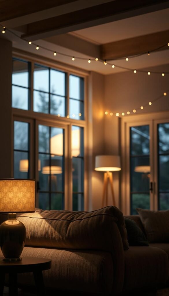 A cozy living room with layered lighting sources, creating a warm and inviting ambiance. In the foreground, a pair of table lamps with soft, diffused bulbs illuminate a plush, oversized armchair. In the middle ground, a floor lamp with a mid-century modern design casts a gentle glow, complementing the natural light streaming in through large, picture windows. In the background, string lights are draped across the ceiling, adding a touch of whimsy and elegance. The overall scene evokes a sense of comfort and relaxation, perfect for an intimate gathering or quiet evening at home. The lighting is expertly balanced, creating depth and dimension throughout the space.
