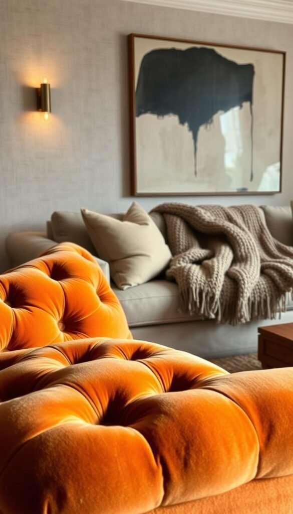 A cozy living room with layered textures, bathed in warm, diffused lighting. In the foreground, plush, tufted velvet cushions in earthy tones contrast with the smooth, polished wood of a vintage coffee table. In the middle ground, a chunky, hand-knit throw cascades over a linen-upholstered sofa, creating a tactile, inviting scene. The background features a textured, neutral-toned wall adorned with abstract art, adding depth and visual interest. Soft, indirect illumination from artisanal sconces casts a gentle glow, evoking a sense of comfort and relaxation. The overall atmosphere is one of effortless sophistication and a lived-in, welcoming ambiance. A cozy living room with layered textures, bathed in warm, diffused lighting. In the foreground, plush, tufted velvet cushions in earthy tones contrast with the smooth, polished wood of a vintage coffee table. In the middle ground, a chunky, hand-knit throw cascades over a linen-upholstered sofa, creating a tactile, inviting scene. The background features a textured, neutral-toned wall adorned with abstract art, adding depth and visual interest. Soft, indirect illumination from artisanal sconces casts a gentle glow, evoking a sense of comfort and relaxation. The overall atmosphere is one of effortless sophistication and a lived-in, welcoming ambiance.