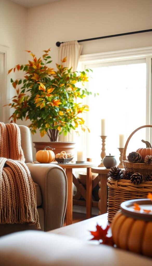 A cozy living room with warm fall accents. In the foreground, a plush knitted throw blanket in earthy tones draped over a comfortable armchair. Beside it, a rustic wooden end table displays a decorative pumpkin, candles, and a fall-themed ceramic dish. The middle ground features a large potted plant with vibrant autumnal foliage, complemented by a woven basket overflowing with pine cones and dried leaves. The background showcases a large window, allowing natural light to filter in and illuminate the space, creating a serene and inviting atmosphere. The lighting is soft and diffused, casting a golden glow throughout the room. The overall scene evokes a cozy, harvest-inspired ambiance perfect for a fall living room refresh.