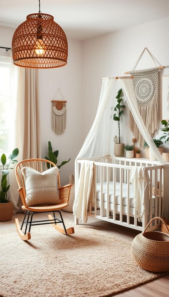 A cozy, neutral-toned boho nursery with natural textures and earthy accents. In the foreground, a woven basket pendant light casts a warm glow over a rattan rocking chair adorned with a macrame pillow. The middle ground features a whitewashed wooden crib draped with a gauzy canopy, complemented by a plush jute rug and a handwoven wall hanging. In the background, a neutral-colored wooden dresser displays an array of potted plants and natural decor. Soft, diffused lighting filters through a large window, highlighting the serene, rustic ambiance. The overall scene evokes a peaceful, nature-inspired atmosphere perfect for a budget-friendly boho nursery.