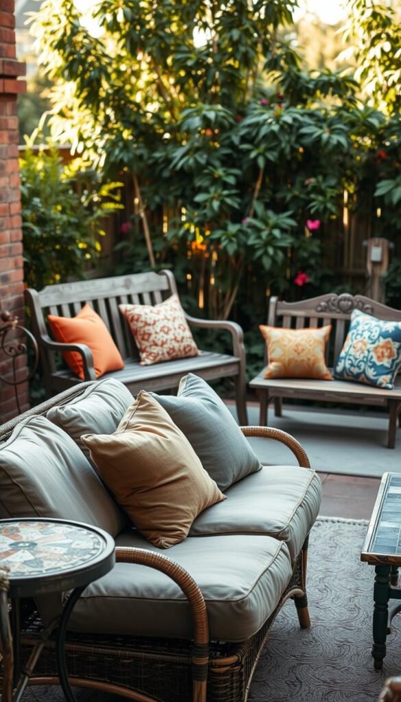 A cozy outdoor patio showcasing an eclectic array of thrifted furniture. In the foreground, a vintage rattan loveseat with plush cushions in muted earth tones. Beside it, a mismatched side table with a mosaic tile top. In the middle ground, a weathered wooden bench adorned with vibrant throw pillows. The background features a lush, verdant garden backdrop, the soft natural light casting a warm glow over the scene. The overall atmosphere exudes a sense of laid-back charm and understated sophistication, perfect for transforming an outdoor space on a budget.