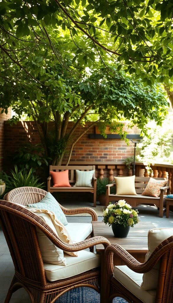 A cozy outdoor patio with an assortment of comfortable, budget-friendly seating options. A pair of plush, woven rattan chairs with soft cushions nestled around a rustic wooden coffee table. In the background, a simple, slatted bench runs along a brick wall, adorned with colorful throw pillows. Dappled sunlight filters through a canopy of lush, verdant foliage, creating a warm, inviting atmosphere. The scene conveys a sense of relaxation and casual elegance, perfect for transforming an outdoor space without breaking the bank.