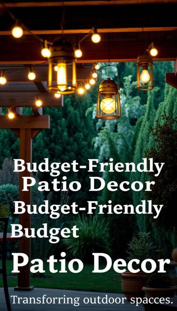 A cozy patio with a rustic, inviting atmosphere. In the foreground, string lights gently illuminate a wooden pergola, casting a warm glow over the space. In the middle ground, vintage lanterns hang from the rafters, creating a soft, ambient lighting. The background features a lush, verdant garden, with tall plants and shrubs that add depth and a sense of tranquility. The overall scene conveys a relaxed, intimate mood, perfect for a cozy evening outdoors. The image should have the title "Budget-Friendly Patio Decor: Transforming Outdoor Spaces" overlaid in a subtle, tasteful manner.