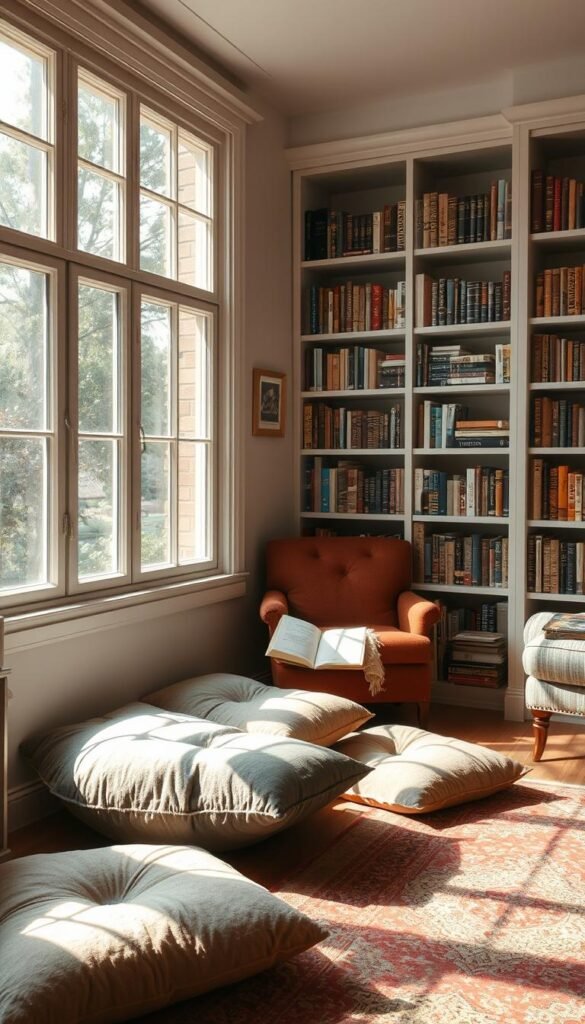 A cozy reading nook with plush floor cushions nestled in a sun-drenched corner. Warm, muted tones set the mood, with a vintage-inspired area rug and a comfy, overstuffed armchair nearby. Bookshelves line the walls, filled with well-worn volumes that invite exploration. Soft, diffused lighting filters in through large windows, casting a gentle glow over the serene scene. The space feels intimate and inviting, a perfect sanctuary for curling up with a good book on a lazy afternoon. A cozy reading nook with plush floor cushions nestled in a sun-drenched corner. Warm, muted tones set the mood, with a vintage-inspired area rug and a comfy, overstuffed armchair nearby. Bookshelves line the walls, filled with well-worn volumes that invite exploration. Soft, diffused lighting filters in through large windows, casting a gentle glow over the serene scene. The space feels intimate and inviting, a perfect sanctuary for curling up with a good book on a lazy afternoon.