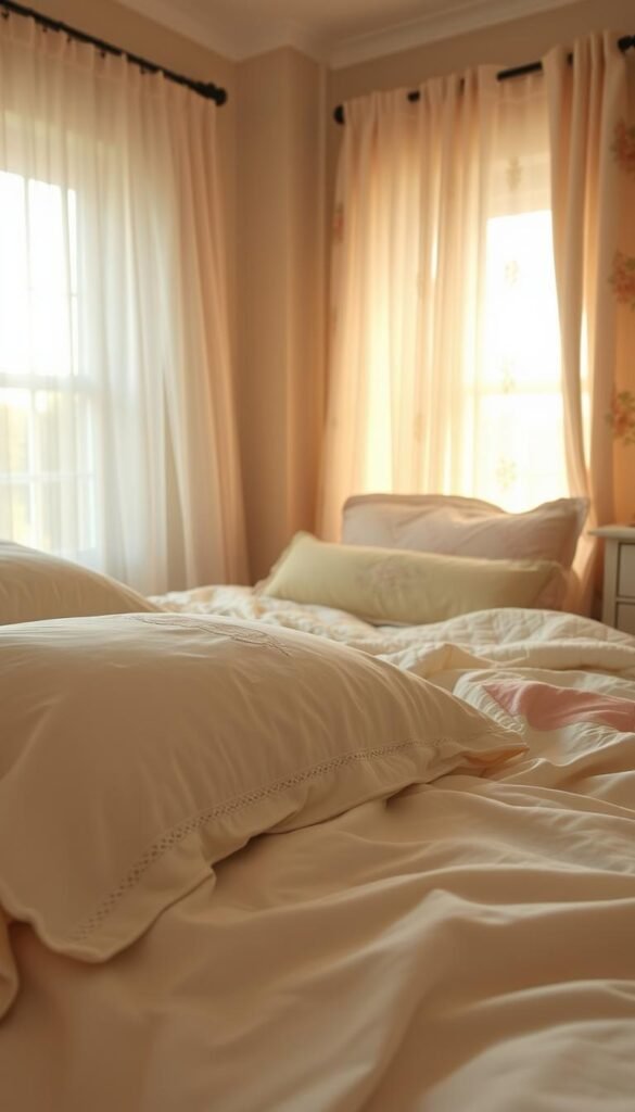 A cozy, shabby chic bedroom scene with layered textiles and linens. In the foreground, a plush, off-white duvet cover and matching pillows with delicate lace and embroidered details. In the middle ground, a vintage-inspired quilt in soft pastels draped over the foot of the bed. In the background, sheer, floral curtains gently billowing in natural light, creating a warm, romantic atmosphere. The lighting is soft and diffused, with a slight golden hue, captured through a wide-angle lens to showcase the layered textures and inviting ambiance of the space.