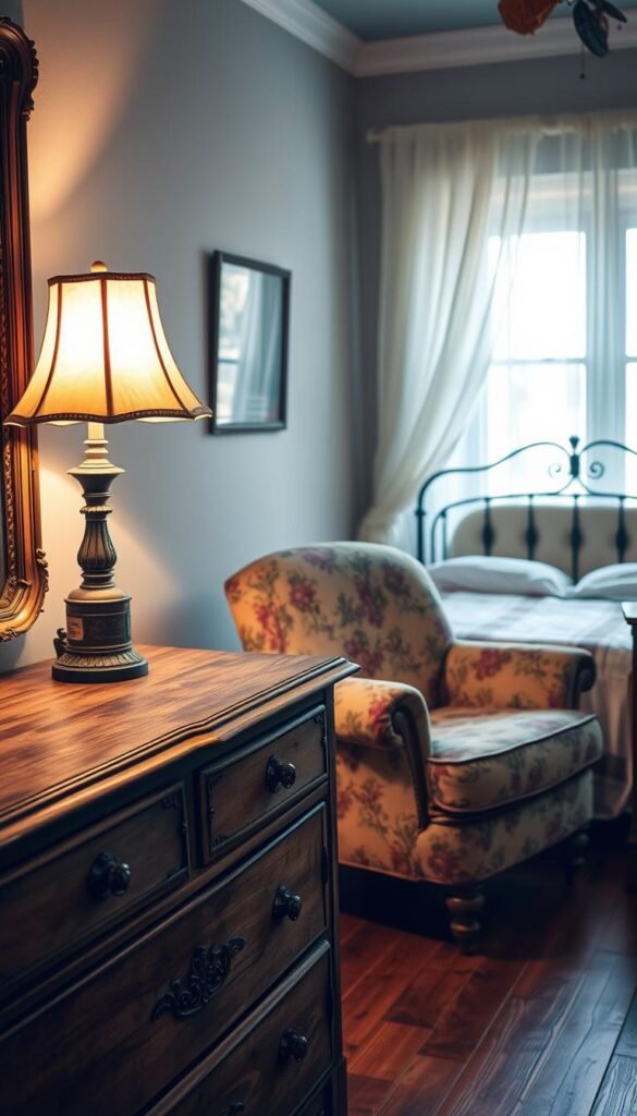 A cozy, shabby chic bedroom with vintage furniture in warm, soft lighting. In the foreground, an antique wooden dresser with worn, distressed finish and intricate details. On top, a vintage table lamp with a fabric shade casts a gentle glow. In the middle ground, a weathered, overstuffed armchair upholstered in faded floral fabric, invitingly positioned near a large window. The background features a wrought-iron bed frame with a tufted headboard, surrounded by sheer curtains billowing in the breeze. The entire scene has a nostalgic, timeless quality, evoking a sense of comfort and tranquility.