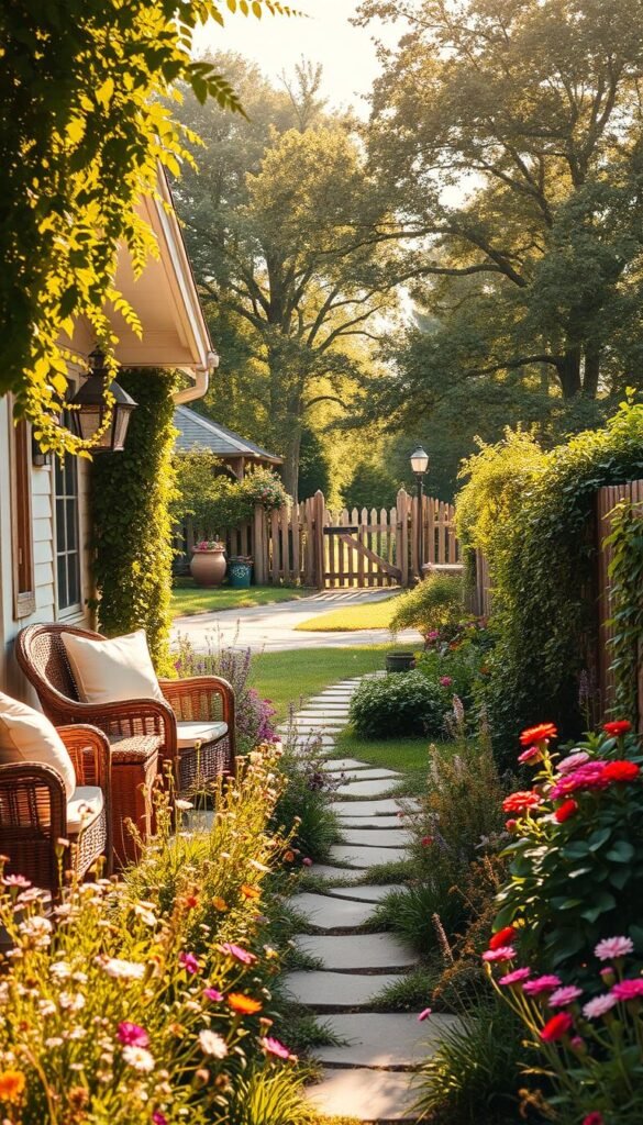 A cozy, sun-dappled cottage nestled amongst lush greenery and wildflowers. In the foreground, an inviting porch adorned with wicker furniture, soft textiles, and rustic wooden accents. Mid-ground showcases an overgrown garden brimming with vibrant blooms, trailing vines, and a charming wrought-iron gate. The background reveals a quaint country lane, bordered by picket fences and towering trees casting gentle shadows. Warm, golden lighting filters through the scene, creating a welcoming, nostalgic atmosphere. Subtle, vintage-inspired tones and a soft, hazy focus lend an air of timeless, romantic charm. This idyllic cottagecore setting evokes a sense of tranquility, simplicity, and a connection to nature.