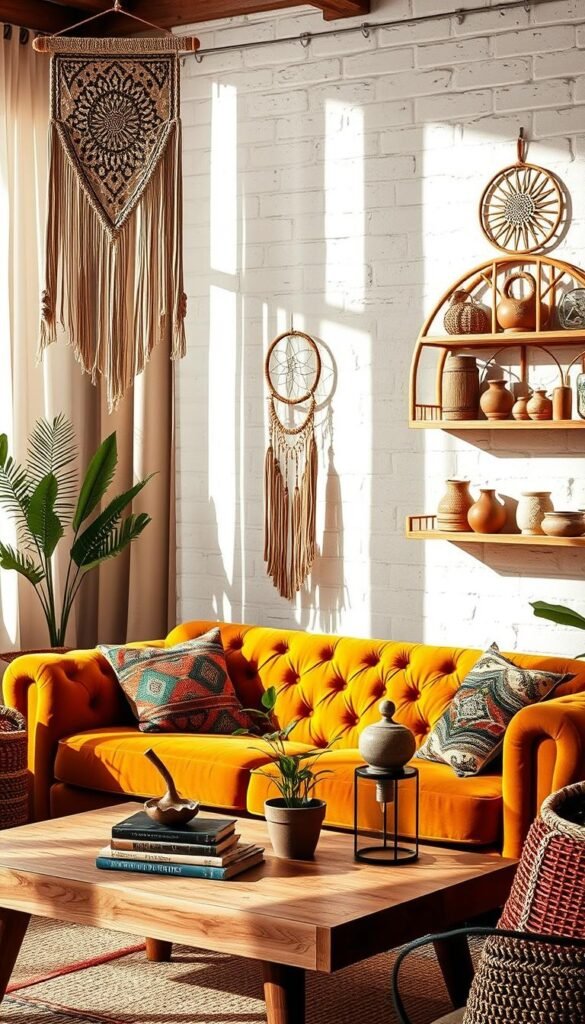 A cozy, sun-drenched bohemian living room with a mix of earthy tones, natural textures, and eclectic decor. In the foreground, a plush, tufted velvet sofa in a warm mustard hue is adorned with colorful woven throw pillows. Hanging above it, a macrame wall hanging with intricate patterns casts soft shadows. In the middle ground, a low wooden coffee table is topped with a potted plant, a stack of vintage books, and a ceramic incense burner. The background features a whitewashed brick wall, adorned with a dreamcatcher, a wall-mounted rattan shelving unit displaying eclectic trinkets and artisan-made ceramics. Warm, diffused lighting filters through sheer curtains, creating a cozy, inviting ambiance. A cozy, sun-drenched bohemian living room with a mix of earthy tones, natural textures, and eclectic decor. In the foreground, a plush, tufted velvet sofa in a warm mustard hue is adorned with colorful woven throw pillows. Hanging above it, a macrame wall hanging with intricate patterns casts soft shadows. In the middle ground, a low wooden coffee table is topped with a potted plant, a stack of vintage books, and a ceramic incense burner. The background features a whitewashed brick wall, adorned with a dreamcatcher, a wall-mounted rattan shelving unit displaying eclectic trinkets and artisan-made ceramics. Warm, diffused lighting filters through sheer curtains, creating a cozy, inviting ambiance.
