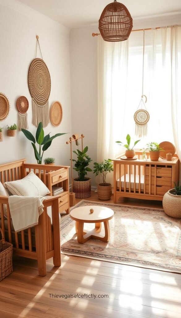 A cozy, sun-drenched boho-inspired nursery setting, with natural wood furniture pieces in the foreground. Woven rattan baskets, macrame wall hangings, and potted plants add textural elements. A vintage-inspired area rug grounds the space, while soft, earthy tones create a soothing, inviting atmosphere. Gentle, diffused lighting filters through sheer curtains, casting a warm glow over the scene. The layout is well-balanced, with thoughtfully arranged furniture that provides ample storage and functionality for a growing family on a budget.