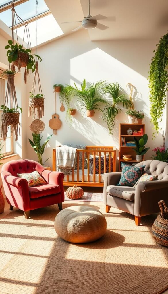 A cozy, sun-drenched boho nursery, filled with vibrant pops of color. In the foreground, a soft, woven area rug in earthy tones anchors the space, while hanging macrame plant holders sway gently overhead. Plush, tufted armchairs in jewel-toned velvets sit invitingly, complemented by vibrant throw pillows in boho-inspired patterns. The middle ground showcases a wooden crib with a plush, patterned bedding set, surrounded by a collection of colorful, artisanal toys and books. The background features a wall adorned with a lush, trailing plant installation, casting soft, warm shadows throughout the room. The overall atmosphere is one of calm, creativity, and a touch of whimsy, perfectly capturing the essence of a budget-friendly, bohemian-inspired nursery.