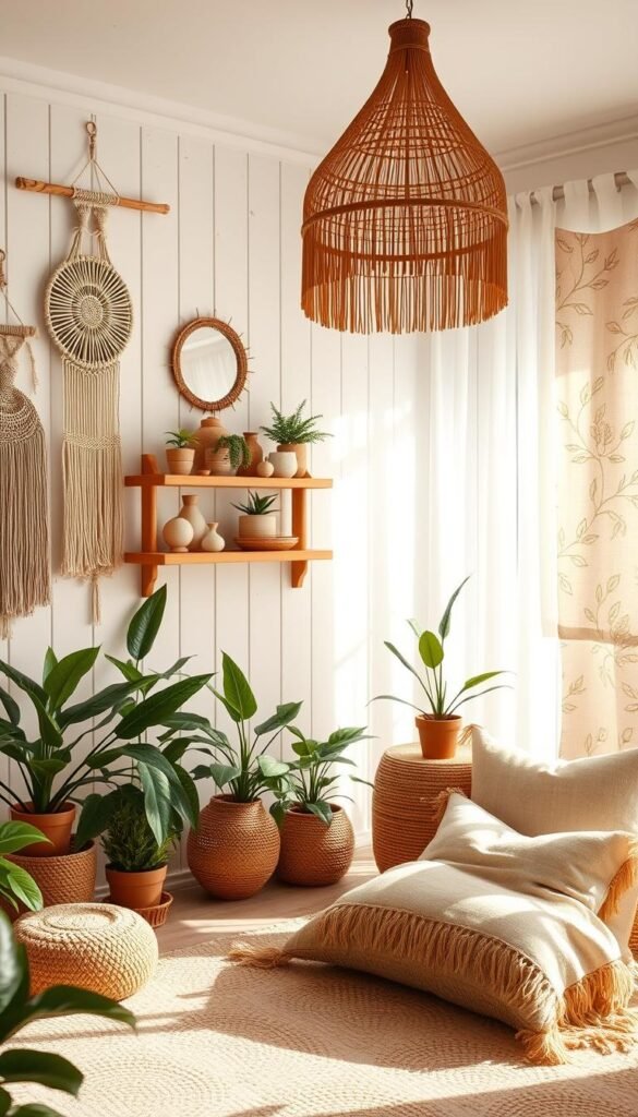 A cozy, sun-drenched boho nursery with a serene atmosphere. In the foreground, soft woven textures like macrame wall hangings, a natural fiber rug, and plush tasseled pillows create a warm, earthy feel. The middle ground features lush potted plants, wooden shelves displaying hand-painted ceramics, and a muted floral tapestry with delicate patterns. The background showcases whitewashed wood paneling, sheer curtains billowing gently, and subtle lighting from a rattan pendant lamp casting a golden glow. The overall scene evokes a sense of tranquility and embraces the natural, bohemian aesthetic.