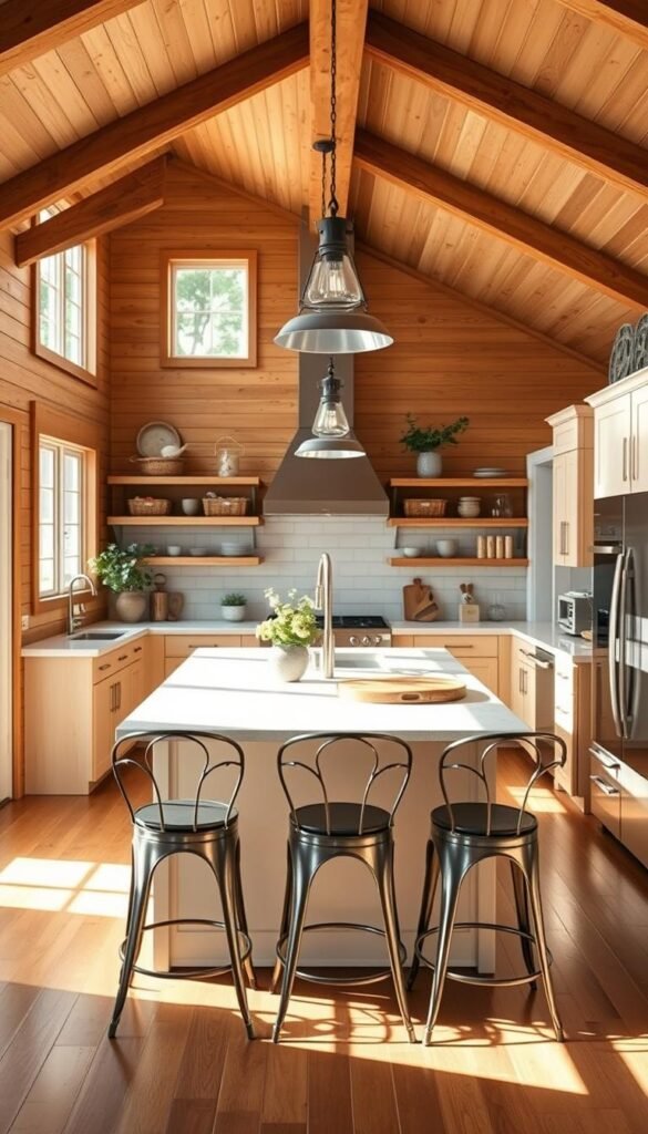 A cozy, sun-drenched modern farmhouse kitchen, the heart of a rustic yet refined home. Warm wooden beams and shiplap walls create a welcoming backdrop, while sleek stainless-steel appliances and a central island with a white quartz countertop blend contemporary style. Soft natural light filters in through large windows, casting a gentle glow on the space. Vintage metal stools pull up to the island, inviting casual meals and lively conversation. Decorative elements like a farmhouse-inspired pendant light, potted greenery, and a wooden cutting board add charming touches. This kitchen effortlessly blends the best of rustic and modern design. A cozy, sun-drenched modern farmhouse kitchen, the heart of a rustic yet refined home. Warm wooden beams and shiplap walls create a welcoming backdrop, while sleek stainless-steel appliances and a central island with a white quartz countertop blend contemporary style. Soft natural light filters in through large windows, casting a gentle glow on the space. Vintage metal stools pull up to the island, inviting casual meals and lively conversation. Decorative elements like a farmhouse-inspired pendant light, potted greenery, and a wooden cutting board add charming touches. This kitchen effortlessly blends the best of rustic and modern design.