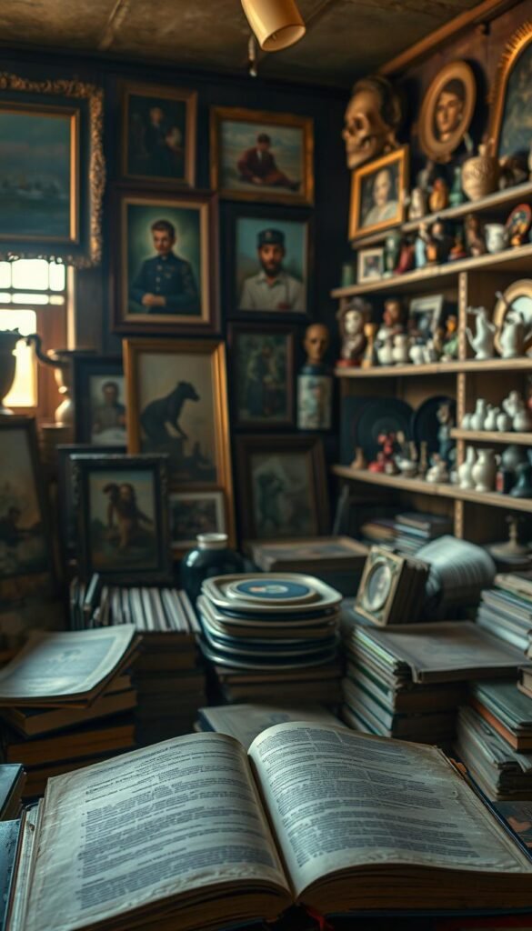A cozy thrift store, its shelves brimming with forgotten treasures - oil paintings in ornate frames, quirky ceramic figurines, and vintage vinyl records. Soft, warm lighting filters through the dusty windows, casting a golden glow over the eclectic displays. In the foreground, a discarded hardback book lies open, its pages inviting exploration. Amidst the clutter, a sense of discovery and possibility pervades the scene. The resulting image captures the essence of affordable, unique artwork waiting to be discovered and curated into a personalized gallery wall. A cozy thrift store, its shelves brimming with forgotten treasures - oil paintings in ornate frames, quirky ceramic figurines, and vintage vinyl records. Soft, warm lighting filters through the dusty windows, casting a golden glow over the eclectic displays. In the foreground, a discarded hardback book lies open, its pages inviting exploration. Amidst the clutter, a sense of discovery and possibility pervades the scene. The resulting image captures the essence of affordable, unique artwork waiting to be discovered and curated into a personalized gallery wall.