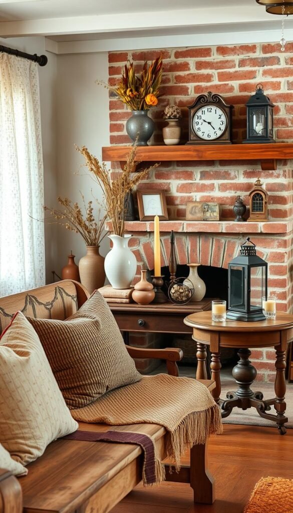 A cozy vintage farmhouse interior with warm, rustic decor touches. In the foreground, a weathered wooden bench adorned with fluffy pillows and a vintage quilt. On the middle-ground, an old-fashioned side table displays a collection of ceramic vases, rustic candle holders, and a timeworn photo frame. The background features a brick fireplace mantel decorated with an antique clock, dried flower arrangements, and a pair of classic lanterns. Soft, natural lighting filters in through lace curtains, creating a inviting, homey atmosphere. The overall scene conveys a sense of timeless, comfortable elegance. A cozy vintage farmhouse interior with warm, rustic decor touches. In the foreground, a weathered wooden bench adorned with fluffy pillows and a vintage quilt. On the middle-ground, an old-fashioned side table displays a collection of ceramic vases, rustic candle holders, and a timeworn photo frame. The background features a brick fireplace mantel decorated with an antique clock, dried flower arrangements, and a pair of classic lanterns. Soft, natural lighting filters in through lace curtains, creating a inviting, homey atmosphere. The overall scene conveys a sense of timeless, comfortable elegance.