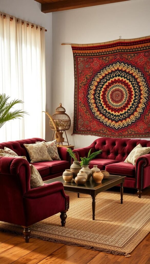 A cozy vintage-inspired boho living room with a worn, weathered aesthetic. In the foreground, a plush velvet chesterfield sofa in a deep burgundy hue sits atop a woven natural fiber rug. Complementing the sofa are two overstuffed armchairs upholstered in a mix of boho-inspired patterns, their distressed frames lending an antique charm. In the middle ground, a low slung wooden coffee table with a glass top displays an assortment of earthy ceramic vases and plants. The background features a wall adorned with a colorful woven tapestry, its intricate bohemian design casting a warm, inviting glow. Soft, diffused lighting filters through sheer gauzy curtains, creating a cozy, intimate atmosphere.