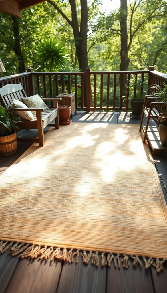 A cozy, weather-resistant outdoor rug in a warm, earthy tone, sprawled on a neatly swept patio or deck. The rug has a subtle pattern, perhaps a geometric design or a simple, natural motif, adding visual interest without overwhelming the space. Sunlight filters through overhead trees, casting a gentle, dappled glow across the scene. The rug is complemented by rustic, wooden patio furniture and potted plants, creating a welcoming, yet low-maintenance, outdoor oasis. The overall atmosphere is one of relaxation and comfort, inviting the viewer to imagine themselves enjoying this peaceful, affordable outdoor retreat. A cozy, weather-resistant outdoor rug in a warm, earthy tone, sprawled on a neatly swept patio or deck. The rug has a subtle pattern, perhaps a geometric design or a simple, natural motif, adding visual interest without overwhelming the space. Sunlight filters through overhead trees, casting a gentle, dappled glow across the scene. The rug is complemented by rustic, wooden patio furniture and potted plants, creating a welcoming, yet low-maintenance, outdoor oasis. The overall atmosphere is one of relaxation and comfort, inviting the viewer to imagine themselves enjoying this peaceful, affordable outdoor retreat.