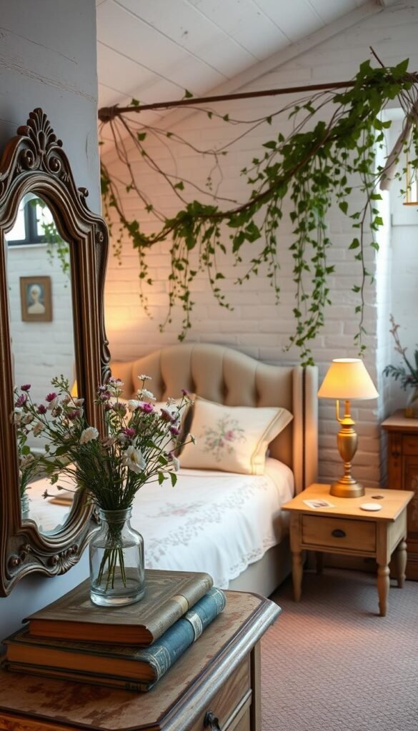 A cozy, well-lit bedroom interior, capturing the essence of a charming shabby chic retreat. In the foreground, an ornate, distressed wood-framed mirror reflects a delicate, vintage-inspired vase filled with a bouquet of pastel wildflowers. On a weathered nightstand, a stack of worn, well-loved books sits alongside a brass table lamp, casting a warm, inviting glow. In the middle ground, a plush, tufted headboard frames a lace-trimmed bedspread, adorned with embroidered floral motifs. Trailing vines and cascading greenery hang from the rafters, creating a sense of organic, lived-in elegance. The background features whitewashed, exposed brick walls and a distressed wooden side table, completing the cozy, nostalgic ambiance.