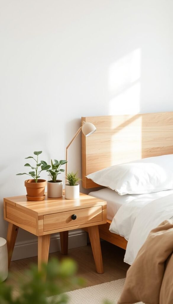 A cozy, well-lit bedroom with two natural wood bedside tables made from sustainably sourced materials. The tables have a minimal, modern design with clean lines and a warm, earthy tone. Atop the tables, potted plants and a small reading lamp create a serene, nature-inspired atmosphere. The room is bathed in soft, diffused light, giving the scene a tranquil, eco-friendly ambiance. The camera angle is slightly elevated, capturing the bedside tables in the foreground with the rest of the bedroom visible in the background. A cozy, well-lit bedroom with two natural wood bedside tables made from sustainably sourced materials. The tables have a minimal, modern design with clean lines and a warm, earthy tone. Atop the tables, potted plants and a small reading lamp create a serene, nature-inspired atmosphere. The room is bathed in soft, diffused light, giving the scene a tranquil, eco-friendly ambiance. The camera angle is slightly elevated, capturing the bedside tables in the foreground with the rest of the bedroom visible in the background.