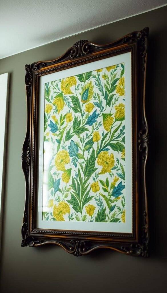 A cozy, well-lit home interior with a large, ornately framed piece of peel-and-stick wallpaper art hanging on the wall. The wallpaper features a vibrant, intricate botanical pattern in shades of green, yellow, and blue. The frame is made of dark, rustic wood, adding a touch of warmth and character to the piece. The lighting is soft and flattering, creating a inviting, relaxed atmosphere. The composition places the framed wallpaper as the central focus, with minimal distractions in the background, allowing the artwork to shine. The overall scene conveys a sense of homemade charm and budget-friendly creativity.