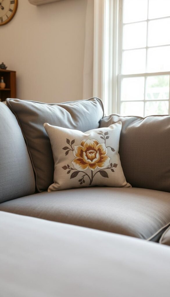 A cozy, well-lit living room with a large, plush gray sofa. On the sofa, a decorative throw pillow with a hand-painted stencil design featuring a vintage floral motif in soft, earthy tones. The pillow is positioned prominently, capturing the viewer's attention. The overall scene conveys a sense of relaxation, creativity, and a touch of rustic charm. The lighting is warm and diffused, creating a inviting atmosphere. The camera angle is slightly elevated, offering a clear view of the pillow's intricate stencil pattern.