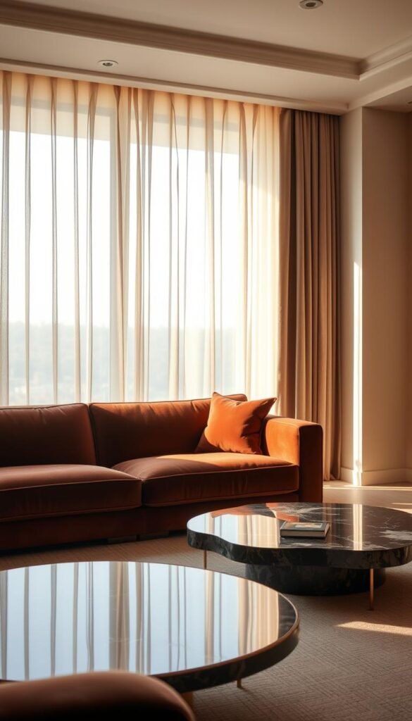 A crisp, minimalist interior with luxurious textures and fabrics. In the foreground, a plush velvet sofa in a rich, jewel-toned hue commands attention. The middle ground features a sleek, low-profile coffee table with a glossy, onyx-like surface. In the background, a sheer, gossamer curtain cascades elegantly, filtering the warm, natural light. The overall aesthetic evokes a sense of effortless sophistication and timeless style, suitable for the "Minimalist Home Decor: Achieving Elegance Without Breaking the Bank" article.