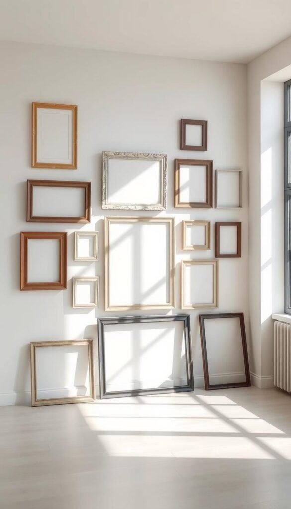 A gallery wall featuring a cohesive set of spray-painted picture frames in various muted tones, arranged in a harmonious, minimalist layout. The frames are placed on a clean, white wall, casting subtle shadows and creating a sense of depth. Soft, natural lighting from a large window illuminates the display, highlighting the textured paint finishes. The frames are of different shapes and sizes, strategically positioned to create visual interest and balance. The overall atmosphere is one of understated elegance, showcasing an affordable yet sophisticated approach to curating a personalized art display. A gallery wall featuring a cohesive set of spray-painted picture frames in various muted tones, arranged in a harmonious, minimalist layout. The frames are placed on a clean, white wall, casting subtle shadows and creating a sense of depth. Soft, natural lighting from a large window illuminates the display, highlighting the textured paint finishes. The frames are of different shapes and sizes, strategically positioned to create visual interest and balance. The overall atmosphere is one of understated elegance, showcasing an affordable yet sophisticated approach to curating a personalized art display.