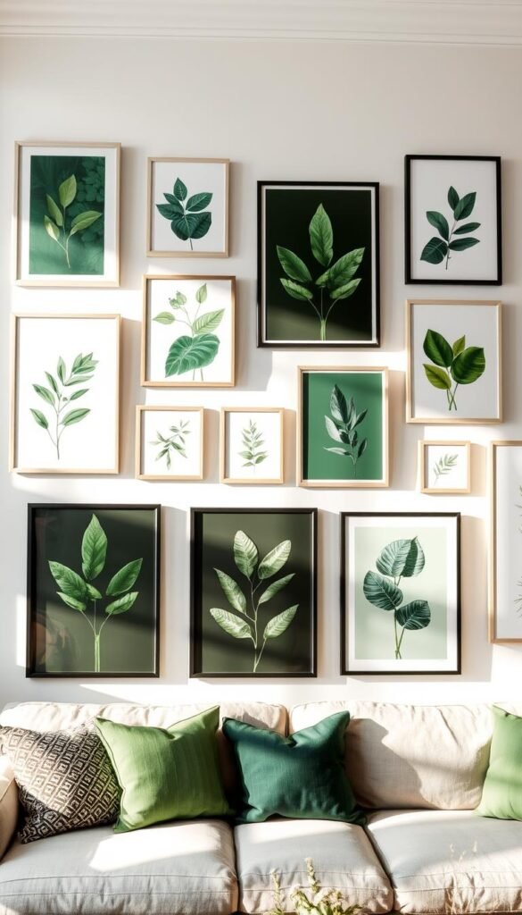 A gallery wall featuring an assortment of green-toned artworks, framed prints, and botanical decor arranged in a cohesive, visually striking display. The pieces are hung against a crisp white wall, allowing the verdant hues to pop. Soft, natural lighting filters in, casting a warm, inviting glow. The overall composition strikes a balance between elegance and effortlessness, with the thoughtfully curated selection of frames, sizes, and textures creating visual interest. This theme-driven gallery wall serves as an affordable, yet impactful, way to infuse nature-inspired charm into a living space. A gallery wall featuring an assortment of green-toned artworks, framed prints, and botanical decor arranged in a cohesive, visually striking display. The pieces are hung against a crisp white wall, allowing the verdant hues to pop. Soft, natural lighting filters in, casting a warm, inviting glow. The overall composition strikes a balance between elegance and effortlessness, with the thoughtfully curated selection of frames, sizes, and textures creating visual interest. This theme-driven gallery wall serves as an affordable, yet impactful, way to infuse nature-inspired charm into a living space.