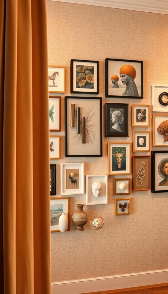 A gallery wall with a creative, eclectic mix of 2D and 3D art pieces. In the foreground, a plush velvet curtain cascades along the left side, adding depth and texture. Centered on the wall, an assortment of framed fabric art, ceramic sculptures, and wire sculptures create a visually dynamic display. The lighting is soft and warm, casting a cozy glow over the arrangement. In the background, a neutral-toned textured wall provides a minimalist backdrop to showcase the diverse medley of artworks. The overall composition conveys a sense of artful, budget-friendly creativity. A gallery wall with a creative, eclectic mix of 2D and 3D art pieces. In the foreground, a plush velvet curtain cascades along the left side, adding depth and texture. Centered on the wall, an assortment of framed fabric art, ceramic sculptures, and wire sculptures create a visually dynamic display. The lighting is soft and warm, casting a cozy glow over the arrangement. In the background, a neutral-toned textured wall provides a minimalist backdrop to showcase the diverse medley of artworks. The overall composition conveys a sense of artful, budget-friendly creativity.