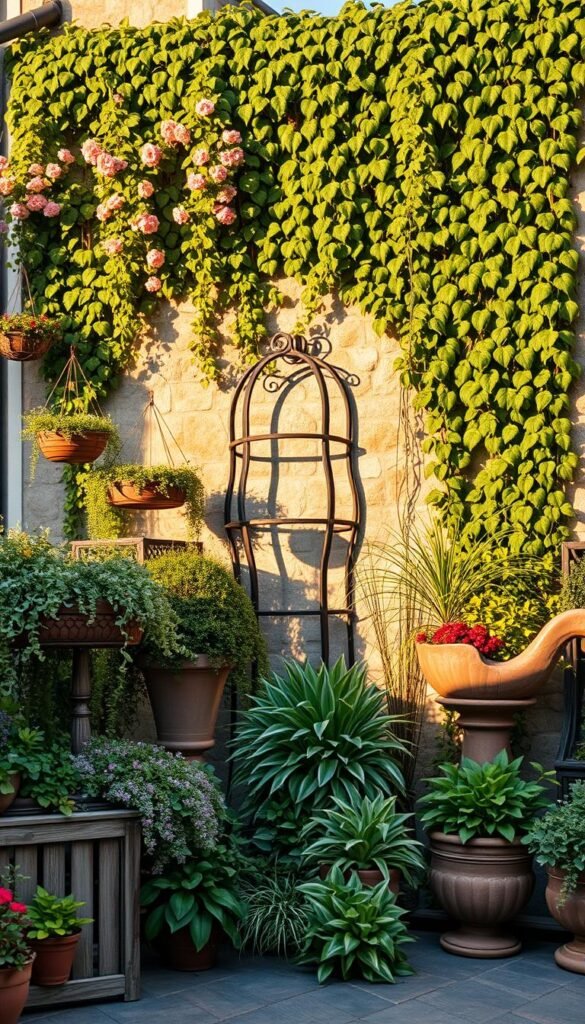 A lush, vibrant patio scene with an array of creative plant displays. In the foreground, a mix of potted plants, hanging baskets, and cascading vines spill over rustic wooden planters. The middle ground features a sculptural garden trellis adorned with flowering vines, casting captivating shadows. In the background, a stone wall is draped with trailing ivy, creating a verdant, tranquil ambiance. Warm, directional lighting highlights the rich textures and vibrant foliage, evoking a cozy, inviting atmosphere. The overall scene exudes a natural, harmonious blend of greenery, texture, and form, inspiring a sense of serene, budget-friendly patio decor.