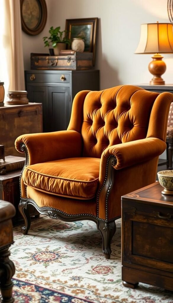 A meticulously restored vintage armchair in a cozy living room setting. The armchair, upholstered in a rich, earthy-toned velvet fabric, stands as the focal point, its elegant lines and intricate tufting reflecting the skilled craftsmanship of a bygone era. Soft, warm lighting casts a gentle glow, highlighting the armchair's refined details and the patina of its wooden frame. Surrounding the armchair are other vintage finds, such as a worn leather trunk, a repurposed wooden side table, and a plush, patterned area rug, all working in harmony to create a harmonious, inviting atmosphere. The overall scene radiates a sense of timeless charm and a touch of nostalgia, perfectly encapsulating the charm of incorporating thrifted and vintage pieces into a cozy, affordable living room design. A meticulously restored vintage armchair in a cozy living room setting. The armchair, upholstered in a rich, earthy-toned velvet fabric, stands as the focal point, its elegant lines and intricate tufting reflecting the skilled craftsmanship of a bygone era. Soft, warm lighting casts a gentle glow, highlighting the armchair's refined details and the patina of its wooden frame. Surrounding the armchair are other vintage finds, such as a worn leather trunk, a repurposed wooden side table, and a plush, patterned area rug, all working in harmony to create a harmonious, inviting atmosphere. The overall scene radiates a sense of timeless charm and a touch of nostalgia, perfectly encapsulating the charm of incorporating thrifted and vintage pieces into a cozy, affordable living room design.