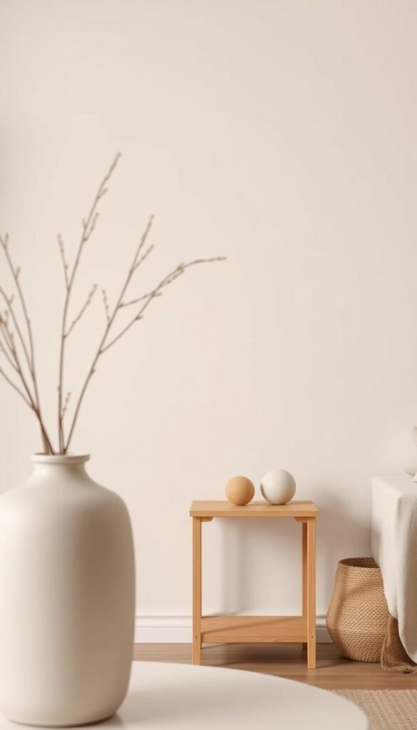 A minimalist, cohesive color palette in natural tones. The foreground features a serene, neutral-toned vase with a simple floral arrangement. The middle ground showcases a clean-lined, wooden side table with a single decorative object. The background depicts a plain, off-white wall, capturing the essence of a tranquil, minimalist space. Lighting is soft and diffused, creating a calming, elegant ambiance. The composition emphasizes balance, simplicity, and a harmonious color scheme, reflecting the principles of modern, budget-friendly home decor.