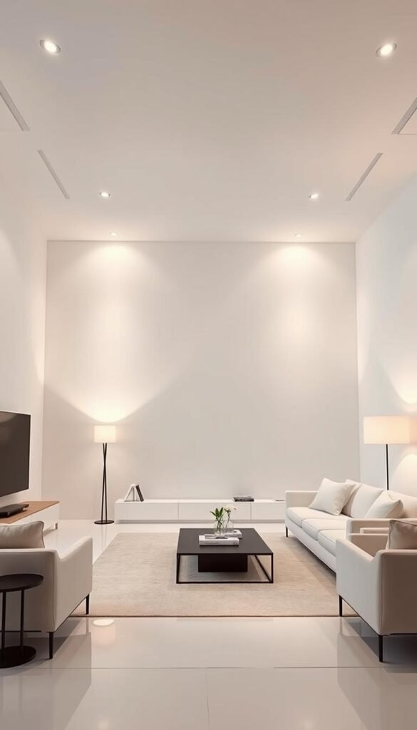 A minimalist, elegantly-lit living room with a sleek, modern aesthetic. Soft, ambient lighting emanates from recessed ceiling fixtures, cast in a warm, golden glow. Stark white walls and a monochrome color palette create a serene, uncluttered atmosphere. Smooth, geometric shapes in the furniture and decor elements evoke a sense of sophistication. Tall, slender floor lamps with minimalist silhouettes provide additional layers of illumination, casting gentle shadows that accentuate the room's clean lines. Thoughtfully placed accent lights highlight key architectural features, drawing the eye to the room's harmonious design. The lighting works in concert to elevate the minimalist aesthetic, creating an elegant, refined ambiance.