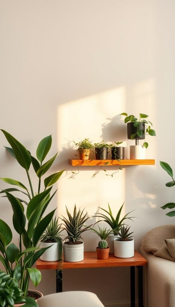 A minimalist home adorned with a selection of low-maintenance indoor plants, bathed in warm, natural lighting. The scene features a clean, uncluttered arrangement of potted succulents, air plants, and leafy greens arranged on a wooden side table or floating wall shelf. The plants are carefully positioned to complement the surrounding neutral tones and simple, elegant decor. The overall mood is one of serenity and balance, reflecting the principles of minimalist design.