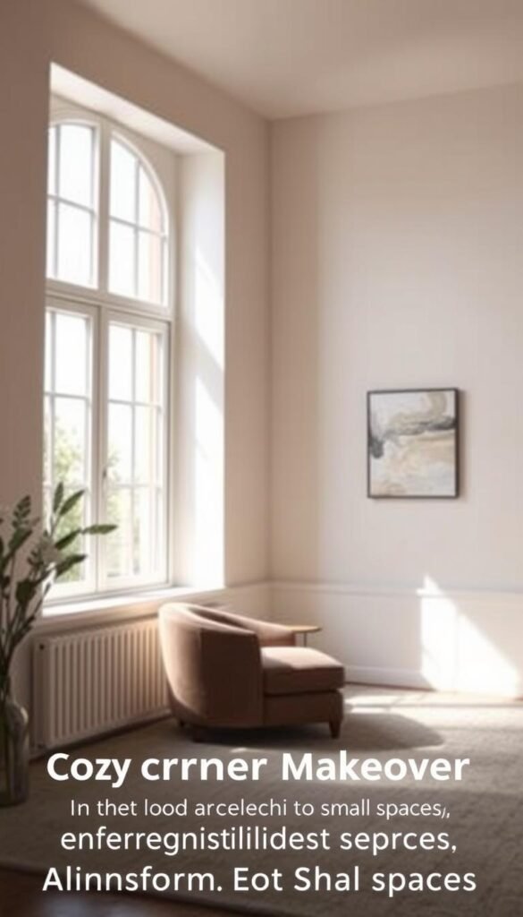 A minimalist living room with natural light streaming through large windows, featuring a cozy armchair, a small side table, and a single piece of abstract wall art. The room has clean lines, neutral tones, and a sense of tranquility. The lighting is soft and diffused, creating a warm, inviting atmosphere. The composition emphasizes the open, uncluttered space, highlighting the importance of selective decor in small spaces. The title "Cozy Corner Makeover: Affordable Tips to Transform Small Spaces" is subtly integrated into the image.