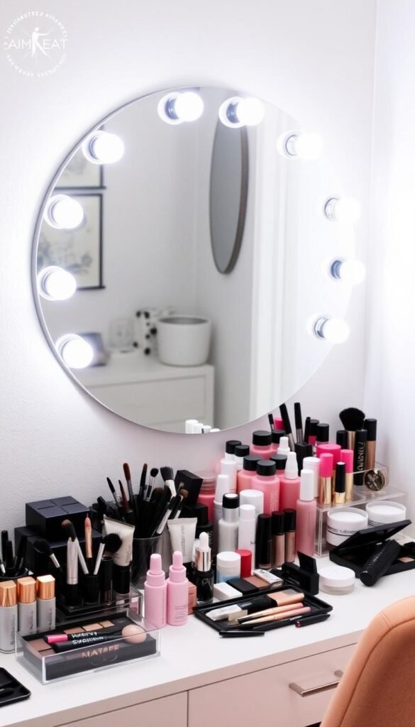 A modern makeup vanity desk with a round mirror and LED lights, surrounded by beauty products and styling tools. A modern makeup vanity desk with a round mirror and LED lights, surrounded by beauty products and styling tools.