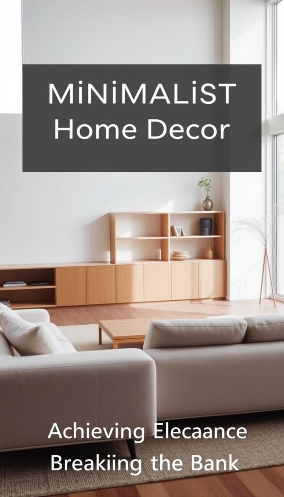 A modern, minimalist living room with clean, elegant furniture pieces. In the foreground, a sleek, L-shaped sofa with sharp lines and a neutral color palette. In the middle ground, a low, wooden coffee table with a minimalist, geometric design. Behind it, a tall, slim bookshelf with sparse, carefully curated decor. Soft, diffused lighting from large windows illuminates the space, creating a serene and calming atmosphere. The overall composition emphasizes simplicity, functionality, and a refined aesthetic. The title "Minimalist Home Decor: Achieving Elegance Without Breaking the Bank" appears discreetly in the corner.