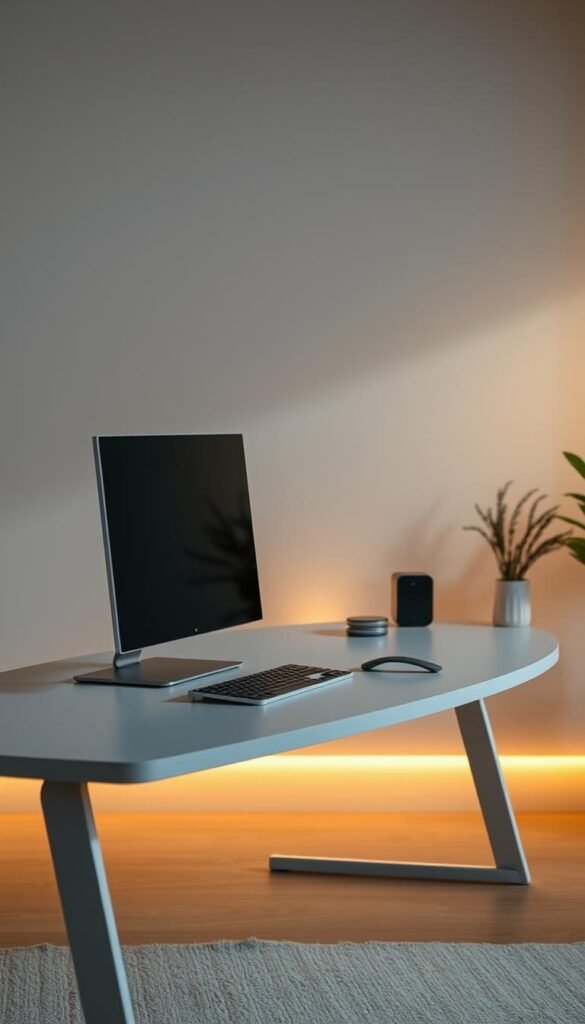 A modern, minimalist workspace with sleek hardware designs. An elegant desk with a thin, floating profile showcases a minimalist desktop computer, a compact yet powerful wireless keyboard, and a slim, high-resolution display. Soft, warm lighting illuminates the scene, creating a serene and inviting atmosphere. The hardware's clean lines and muted tones seamlessly blend with the surrounding environment, emphasizing the beauty of simplicity and functionality. A touch of greenery or a simple, modern decor accent completes the refined, understated aesthetic.