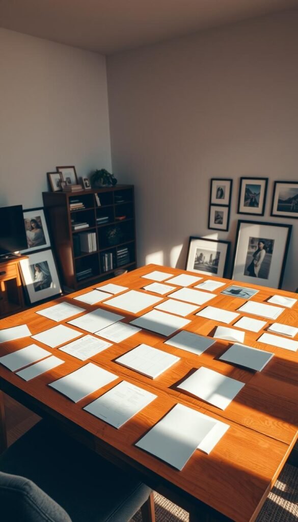 A neatly organized home office, with a large wooden table serving as the canvas for a gallery wall planning session. Scattered across the surface are a variety of paper templates in different shapes and sizes, meticulously arranged to visualize the prospective layout. Warm, directional lighting casts subtle shadows, adding depth and dimension to the scene. The walls are a clean, neutral shade, providing a pristine backdrop for the creative process. Several framed artworks and photographs stand nearby, offering inspiration for the final gallery display. An atmosphere of thoughtful consideration and artistic exploration pervades the space, inviting the viewer to imagine themselves immersed in the process of curating the perfect gallery wall. A neatly organized home office, with a large wooden table serving as the canvas for a gallery wall planning session. Scattered across the surface are a variety of paper templates in different shapes and sizes, meticulously arranged to visualize the prospective layout. Warm, directional lighting casts subtle shadows, adding depth and dimension to the scene. The walls are a clean, neutral shade, providing a pristine backdrop for the creative process. Several framed artworks and photographs stand nearby, offering inspiration for the final gallery display. An atmosphere of thoughtful consideration and artistic exploration pervades the space, inviting the viewer to imagine themselves immersed in the process of curating the perfect gallery wall.