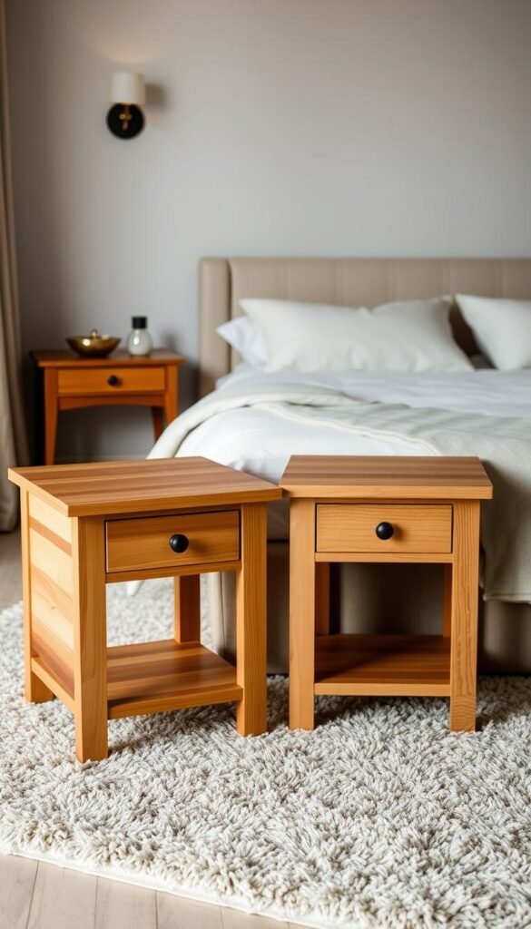A pair of classic, handcrafted wooden bedside tables sit atop a plush, neutral-toned area rug. The tables feature a warm, natural wood grain finish and clean, simple lines, with a single drawer and a wide, flat surface. Soft, indirect lighting from wall sconces casts a cozy glow, illuminating the textured wood and creating a serene, inviting atmosphere. The tables are positioned on either side of a cozy, neatly made bed, creating a harmonious, symmetrical composition that showcases the timeless appeal of natural wood furnishings in a tranquil, sophisticated bedroom setting. A pair of classic, handcrafted wooden bedside tables sit atop a plush, neutral-toned area rug. The tables feature a warm, natural wood grain finish and clean, simple lines, with a single drawer and a wide, flat surface. Soft, indirect lighting from wall sconces casts a cozy glow, illuminating the textured wood and creating a serene, inviting atmosphere. The tables are positioned on either side of a cozy, neatly made bed, creating a harmonious, symmetrical composition that showcases the timeless appeal of natural wood furnishings in a tranquil, sophisticated bedroom setting.