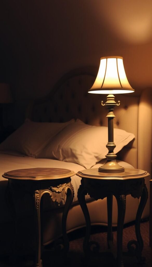 A pair of ornate, vintage-style bedside tables stand in a cozy, dimly-lit bedroom. The tables have delicately carved wooden frames with a distressed, antique finish. Atop each table sits a brass or bronze table lamp, casting a warm, golden glow across the space. In the background, a plush, tufted headboard adorns the bed, complementing the vintage aesthetic. The overall scene evokes a sense of timeless elegance and a touch of nostalgia, creating the perfect vintage-inspired setting for the bedroom. A pair of ornate, vintage-style bedside tables stand in a cozy, dimly-lit bedroom. The tables have delicately carved wooden frames with a distressed, antique finish. Atop each table sits a brass or bronze table lamp, casting a warm, golden glow across the space. In the background, a plush, tufted headboard adorns the bed, complementing the vintage aesthetic. The overall scene evokes a sense of timeless elegance and a touch of nostalgia, creating the perfect vintage-inspired setting for the bedroom.