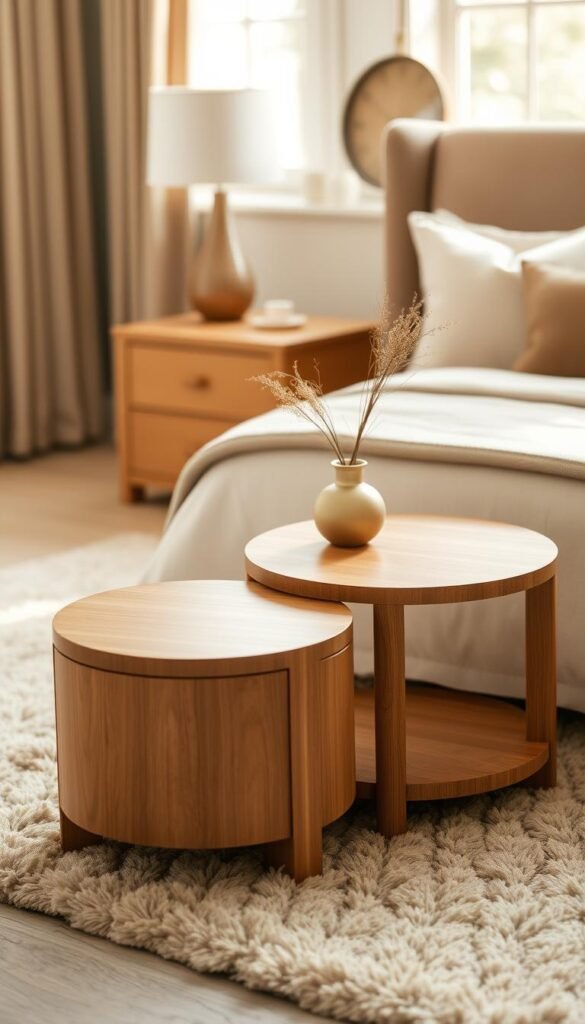 A pair of round, wooden bedside tables sitting on a plush, neutral-toned area rug in a cozy, well-lit bedroom. Warm, soft lighting casts a gentle glow, creating a tranquil, inviting atmosphere. The tables feature clean, minimal lines and a smooth, natural finish, complementing the room's elegant, understated style. Subtle details, such as brass hardware or a decorative vase, add a touch of sophistication. The tables are positioned on either side of a comfortable, upholstered bed, creating a balanced, symmetrical composition that enhances the room's overall harmony and functionality. A pair of round, wooden bedside tables sitting on a plush, neutral-toned area rug in a cozy, well-lit bedroom. Warm, soft lighting casts a gentle glow, creating a tranquil, inviting atmosphere. The tables feature clean, minimal lines and a smooth, natural finish, complementing the room's elegant, understated style. Subtle details, such as brass hardware or a decorative vase, add a touch of sophistication. The tables are positioned on either side of a comfortable, upholstered bed, creating a balanced, symmetrical composition that enhances the room's overall harmony and functionality.