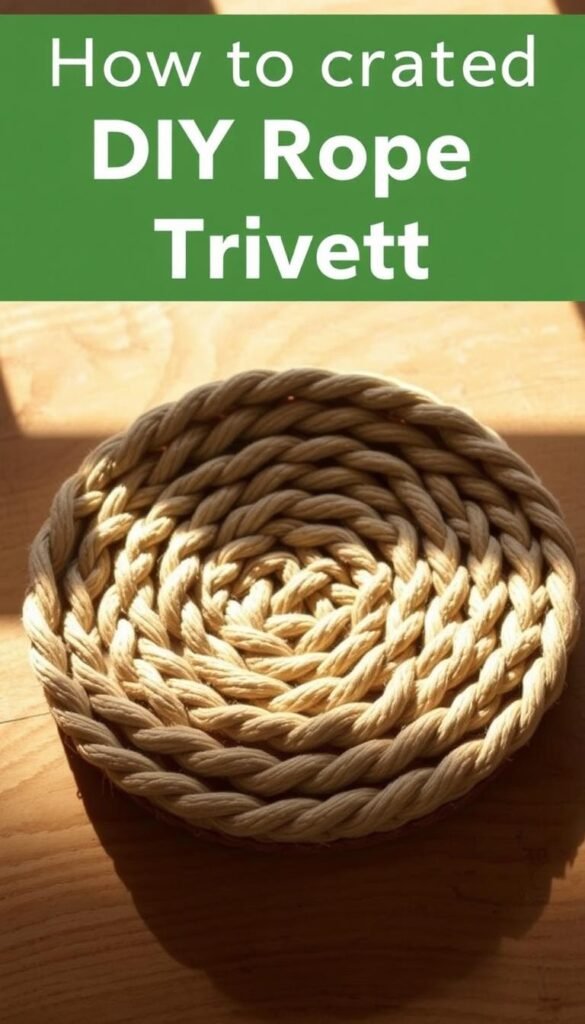 A rustic, handcrafted DIY rope trivet design, featuring a tightly woven pattern of natural, earthy-toned ropes arranged in a circular shape. The trivet is placed on a wooden table, illuminated by soft, natural lighting that casts warm shadows, highlighting the intricate texture and knotwork. The composition emphasizes the trivet's simple, yet elegant design, exuding a cozy, inviting atmosphere perfect for a rustic, farmhouse-inspired home decor setting. The image is captured from a slightly elevated angle, showcasing the trivet's three-dimensional form and the natural grain of the wooden surface below.